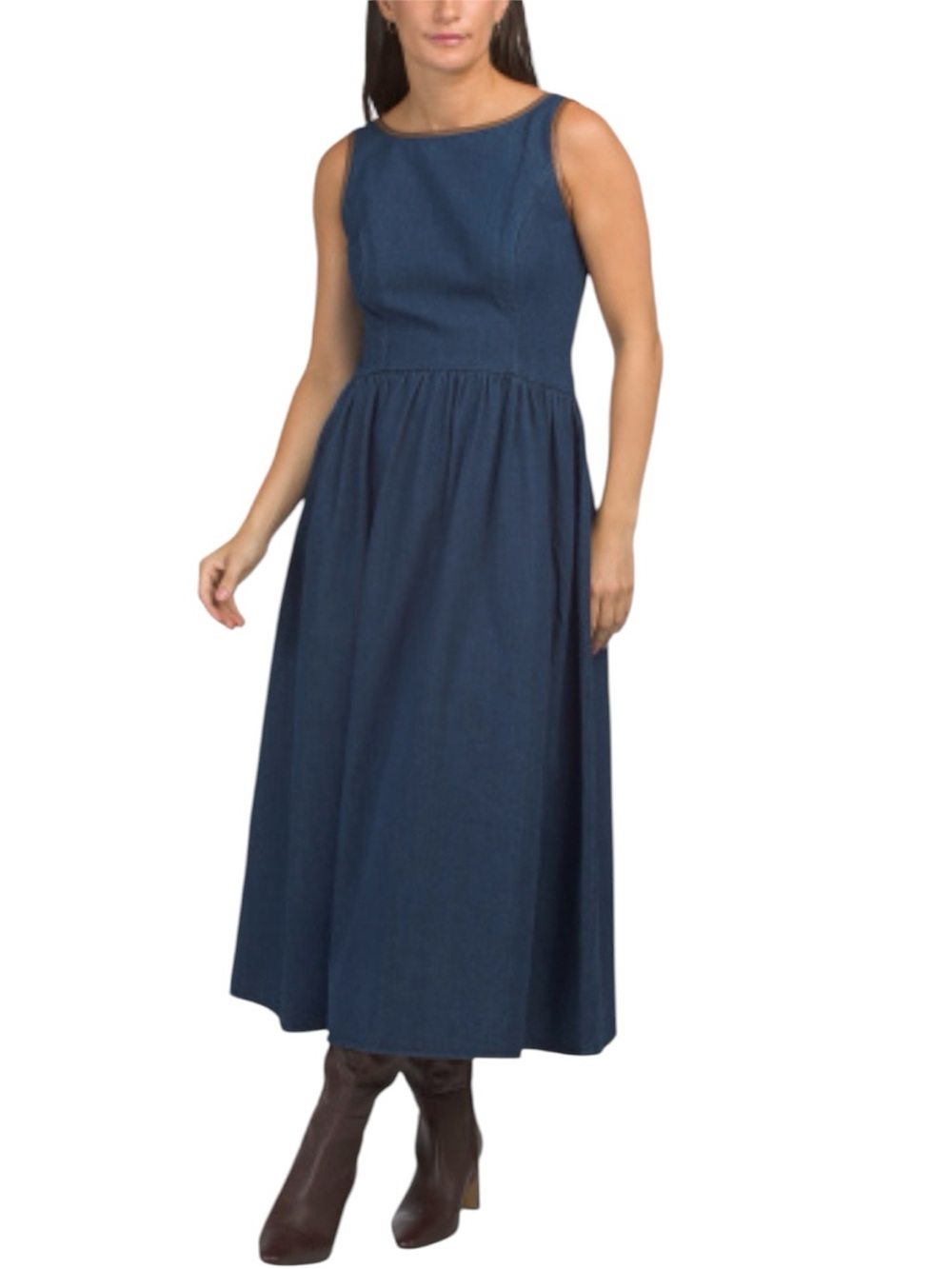 WAYF Denim Leather Trim Boat Neck Midi Amelia Dress NWT